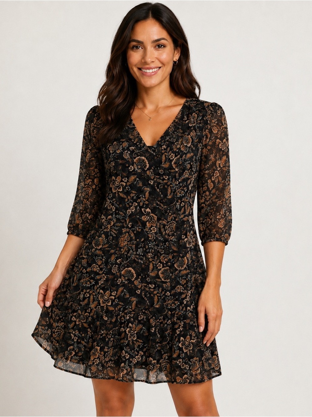 H&M Floral V-Neck 3/4 Sleeve Dress in Black and Brown Size 2